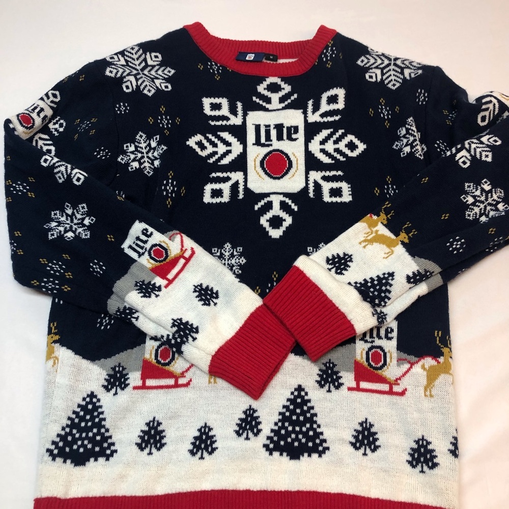 Miller Lite Christmas Sweater SZ M Unisex Miller Brewing Co. Red White Blue